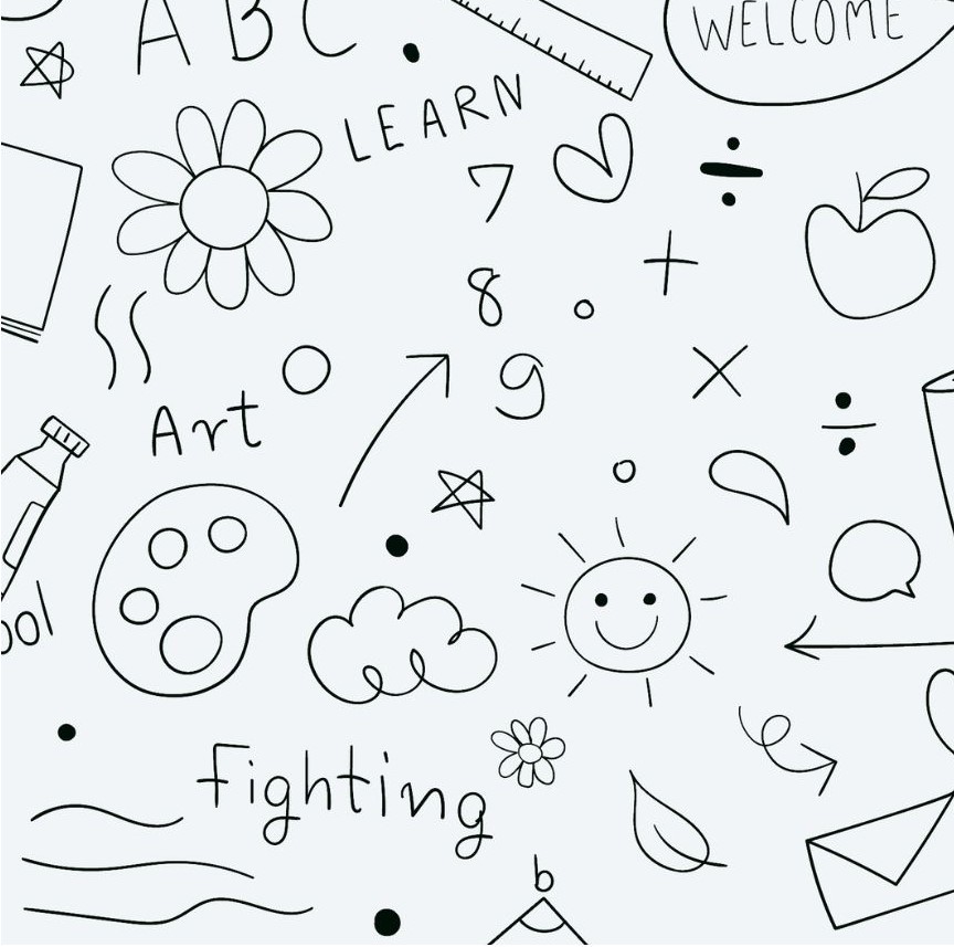 Hand-drawn black line illustrations on a pale background, evoking a playful school theme. Symbols include numbers, arrows, flowers, a paint palette, ruler, sun, cloud, apple, speech bubbles, and the words “Art,” “Learn,” “Fighting,” “ABC,” and “Welcome.” The word “Fighting” stands out among otherwise cheerful motifs,