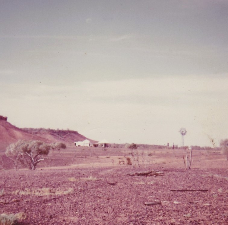 "Braeside" homestead with tin-roofed buildings near a low red ridge, a windmill to the right, and sparse scrub across a dry, stony foreground under a wide pale sky.